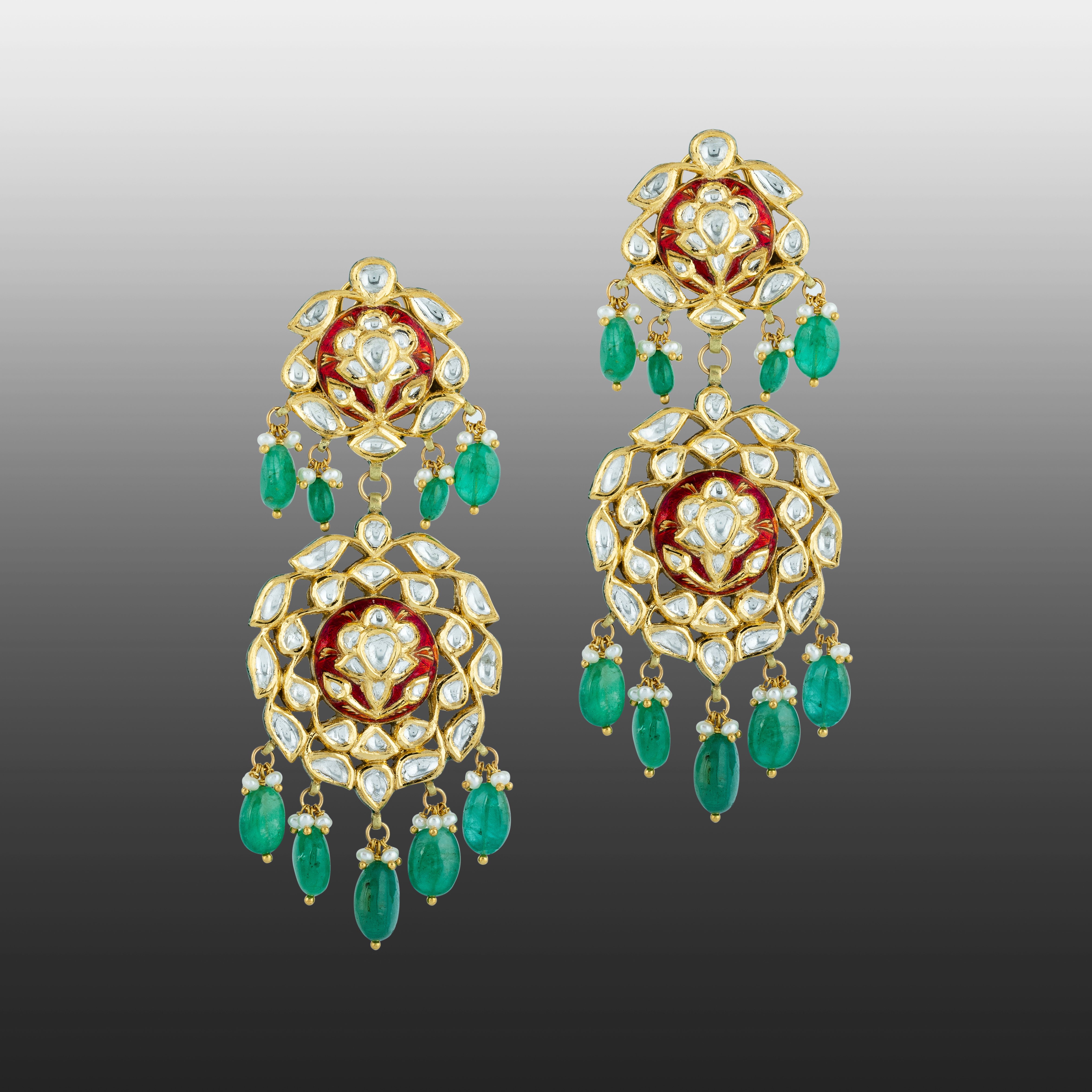 Polki Earrings with Red Enamel Base and Emerald Drops